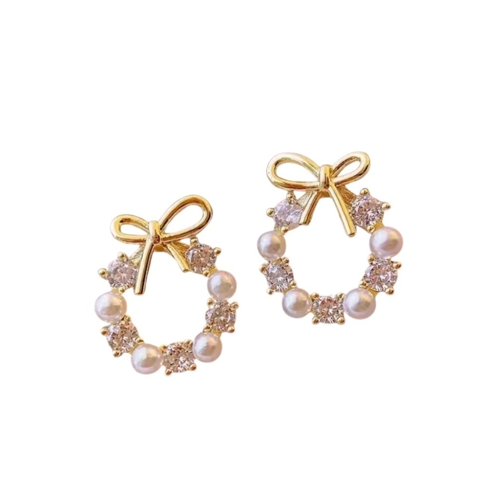 Goldtone Bow Wreath Earrings with Pearls & Sparkling CZ – Festive & Elegant 0.6"